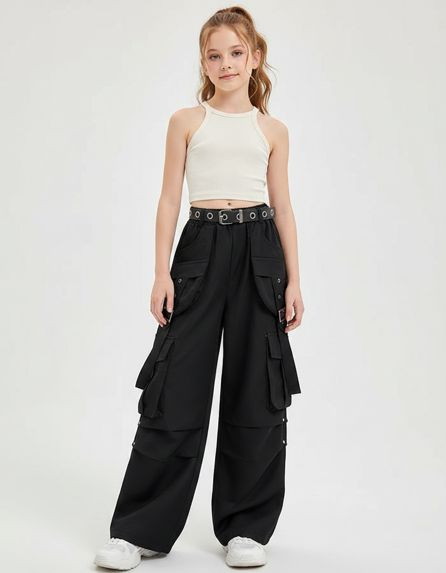 Pantalon Fluide Noir Cargo Ample Ceinture Fille - Gabardine