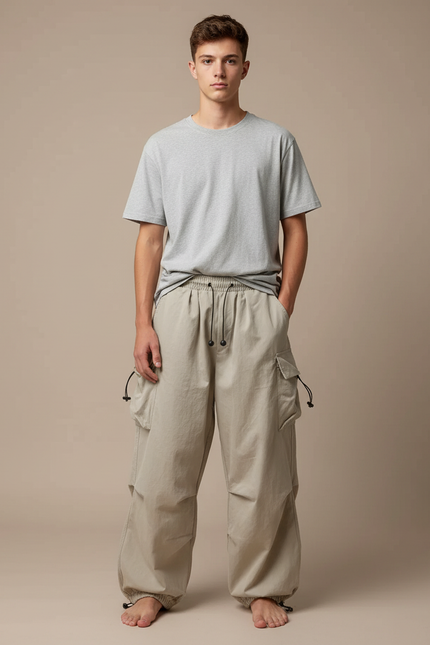 Pantalon Fluide Cargo Beige Ample Cordon Streetwear - Polyester