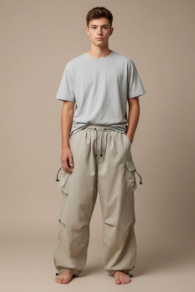 Pantalon Fluide Cargo Beige Ample Cordon Streetwear - Polyester