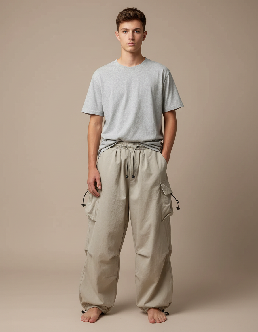 Pantalon Fluide Cargo Beige Ample Cordon Streetwear - Polyester