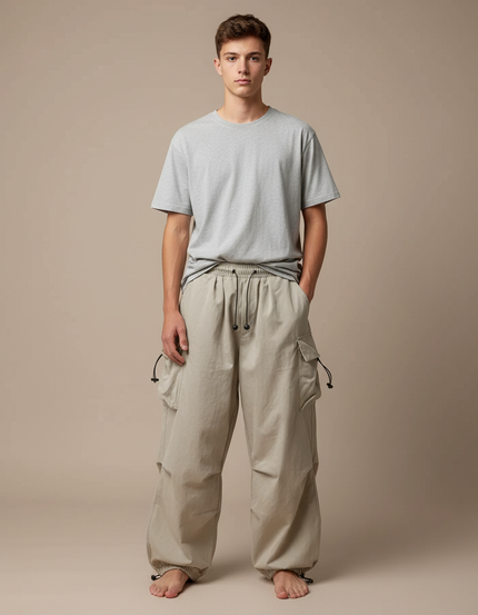 Pantalon Fluide Cargo Beige Ample Cordon Streetwear - Polyester