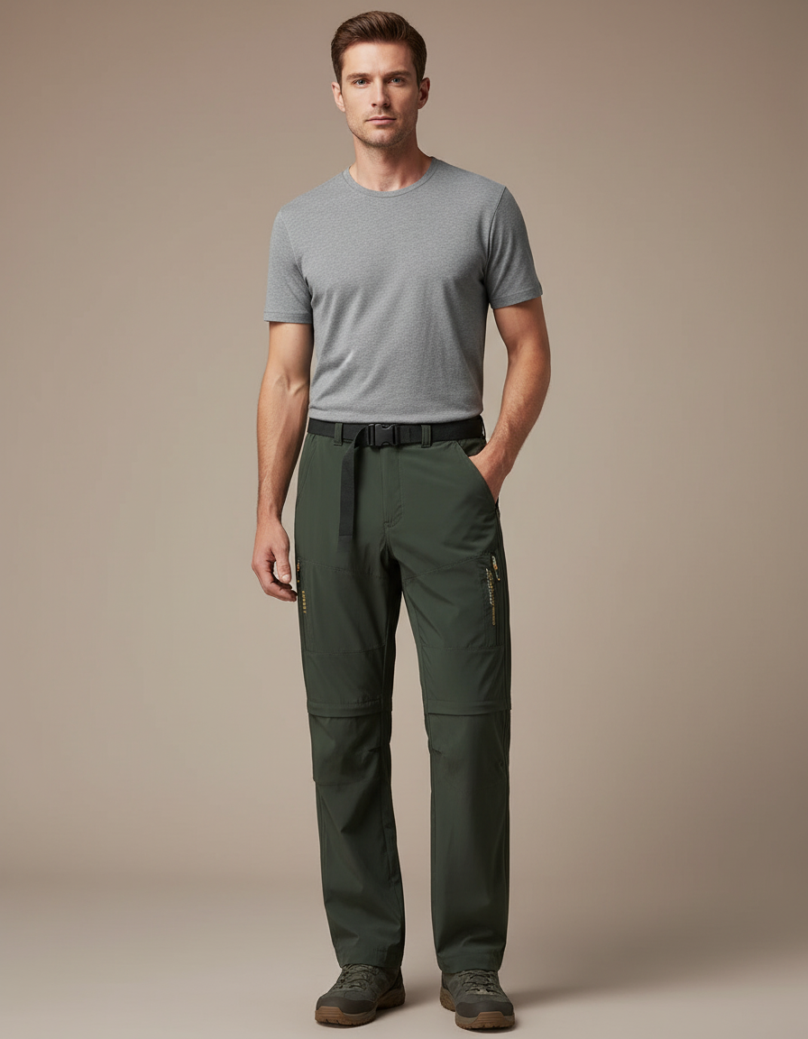 Pantalon Fluide Vert Militaire Léger Détachable Homme - Polyester