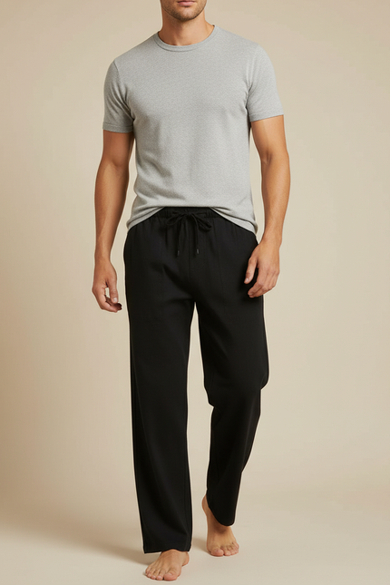 Pantalon Fluide Noir Ample Cordon Décontracté Coton