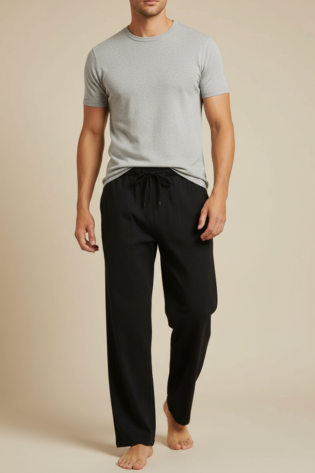 Pantalon Fluide Noir Ample Cordon Décontracté Coton