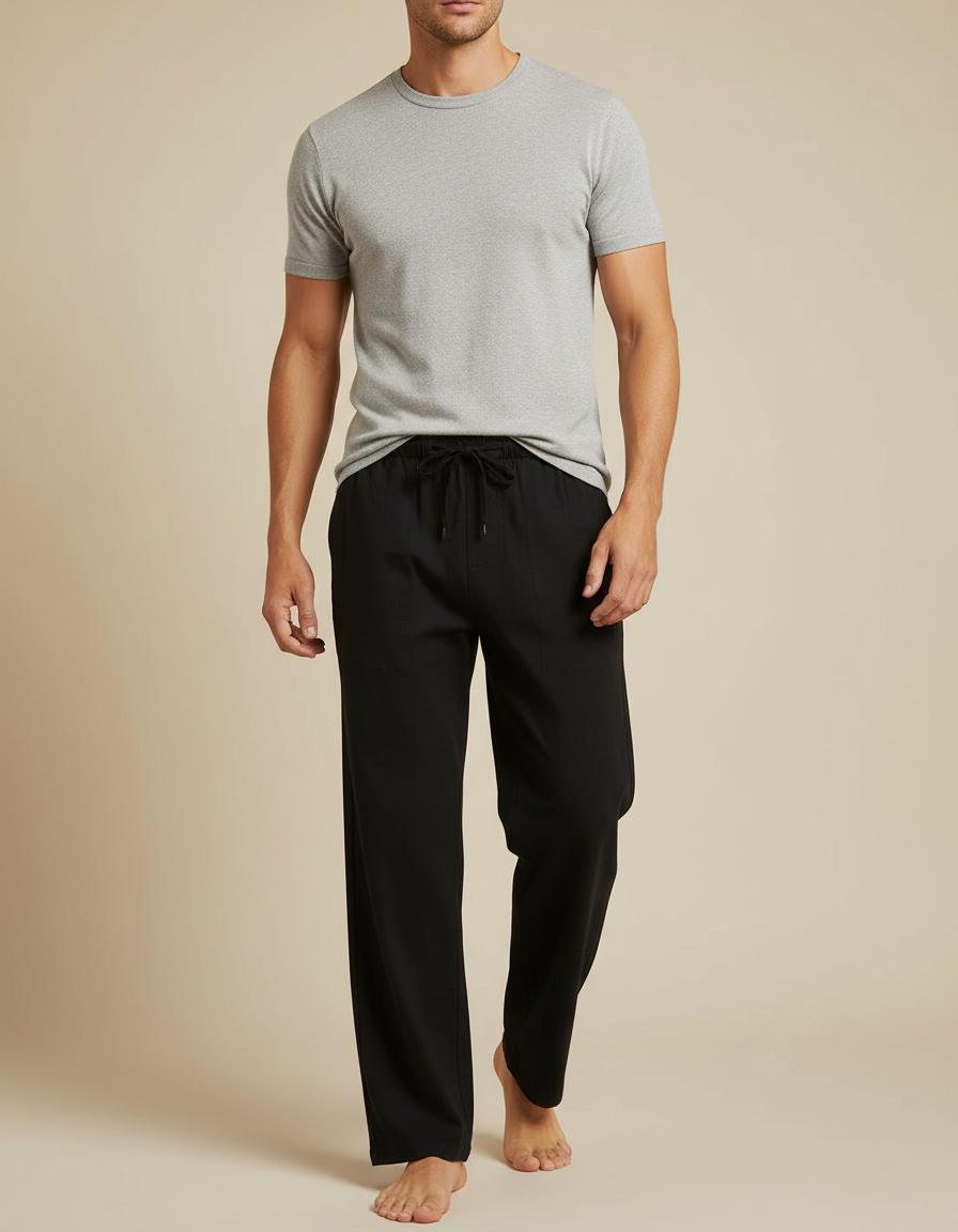 Pantalon Fluide Noir Ample Cordon Décontracté Coton