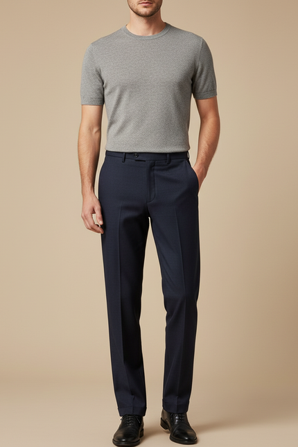 Pantalon Fluide Homme Bleu Marine Laine Élégant Droit