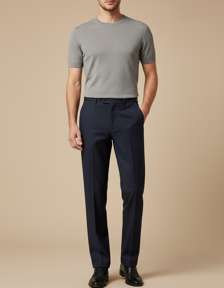 Pantalon Fluide Homme Bleu Marine Laine Élégant Droit