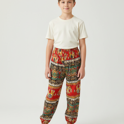 Pantalon Fluide Rouge Ample Imprimé Ethnique Garçon Confortable - Viscose