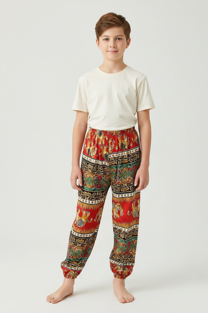 Pantalon Fluide Rouge Ample Imprimé Ethnique Garçon Confortable - Viscose