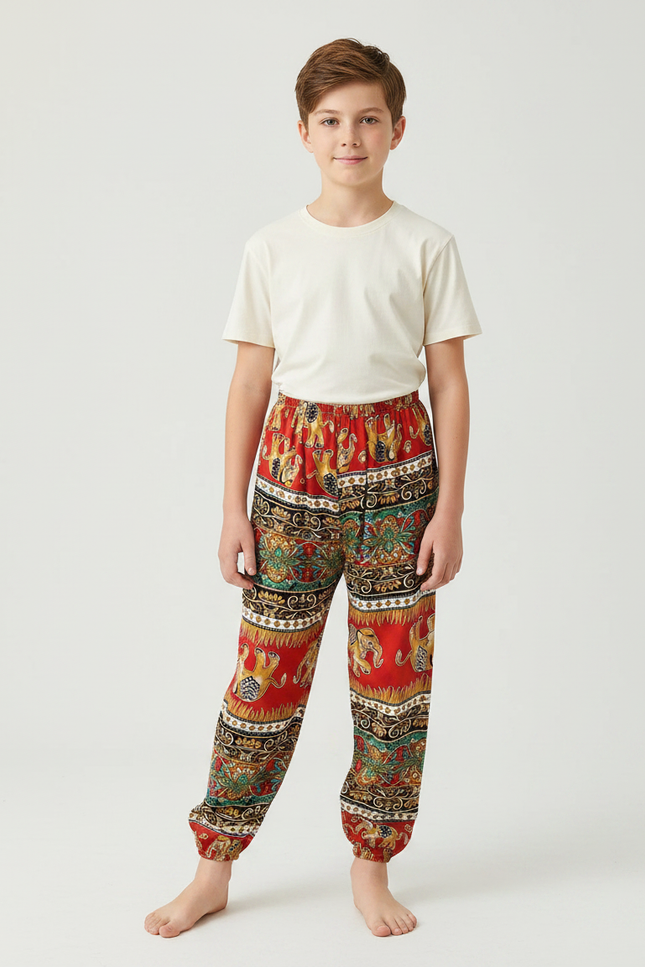 Pantalon Fluide Rouge Ample Imprimé Ethnique Garçon Confortable - Viscose