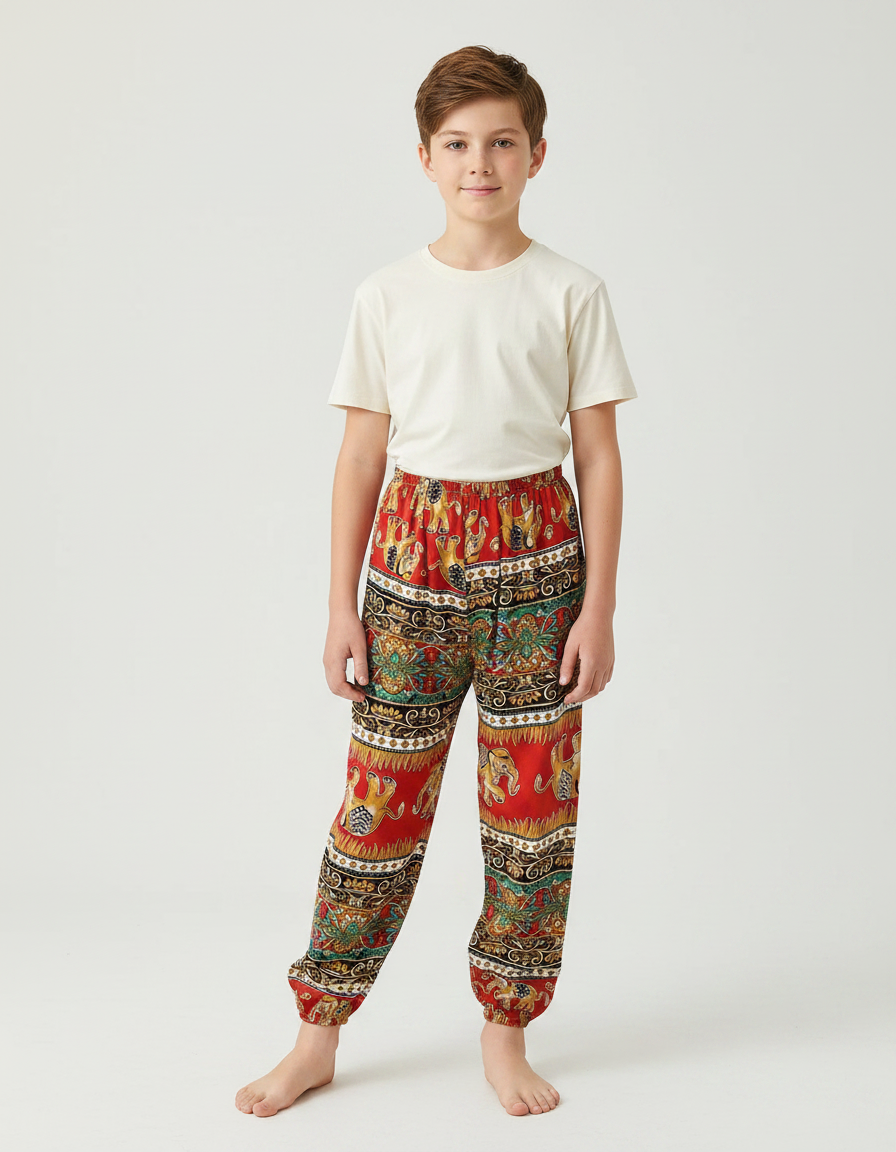 Pantalon Fluide Rouge Ample Imprimé Ethnique Garçon Confortable - Viscose