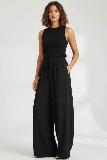 Pantalon Fluide Noir Ample Coton Texturé Décontracté