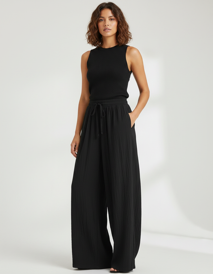 Pantalon Fluide Noir Ample Coton Texturé Décontracté