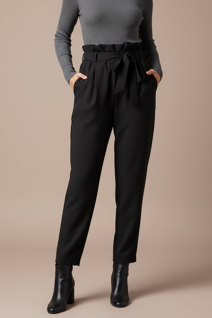 Pantalon Fluide Noir Taille Haute Ceinture Nœud Élégant - Polyester