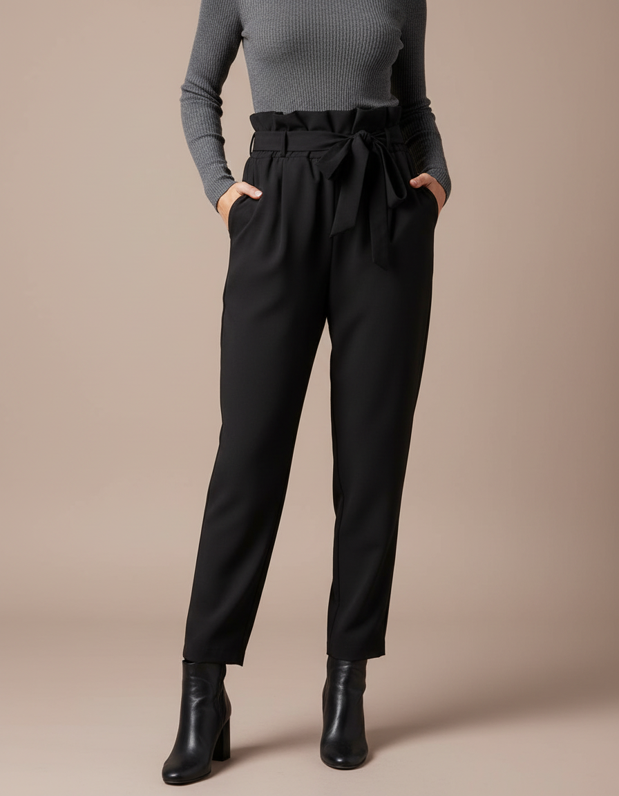 Pantalon Fluide Noir Taille Haute Ceinture Nœud Élégant - Polyester