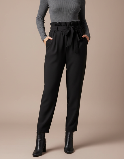 Pantalon Fluide Noir Taille Haute Ceinture Nœud Élégant - Polyester