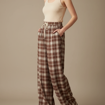 Pantalon Fluide Carreaux Marron Ample Décontracté Cordon - Tweed