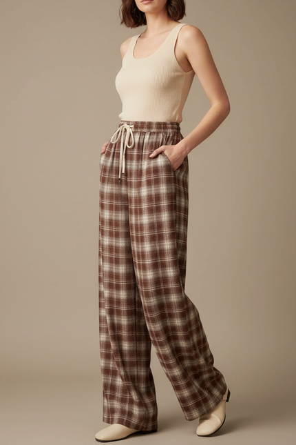 Pantalon Fluide Carreaux Marron Ample Décontracté Cordon - Tweed