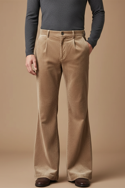 Pantalon Fluide Velours Côtelé Évasé Beige Homme Élégant - Cordé