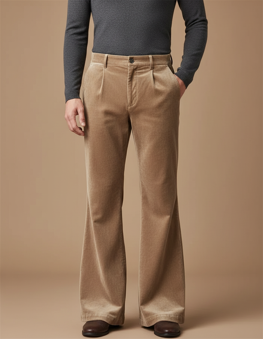 Pantalon Fluide Velours Côtelé Évasé Beige Homme Élégant - Cordé