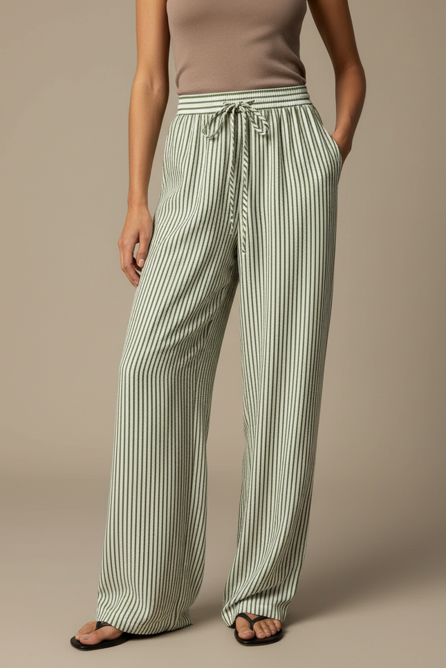 Pantalon Fluide Rayé Vert Ample Cordon Décontracté - Coton