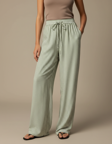 Pantalon Fluide Rayé Vert Ample Cordon Décontracté - Coton