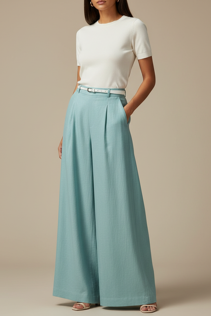Pantalon Fluide Ample Bleu Ciel Taille Haute Lin