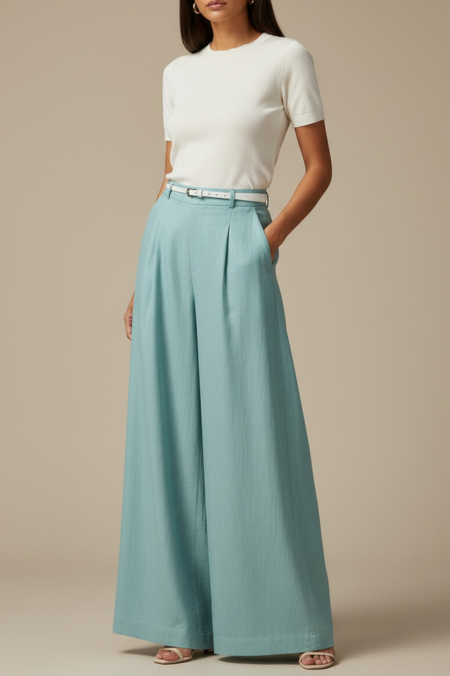 Pantalon Fluide Ample Bleu Ciel Taille Haute Lin
