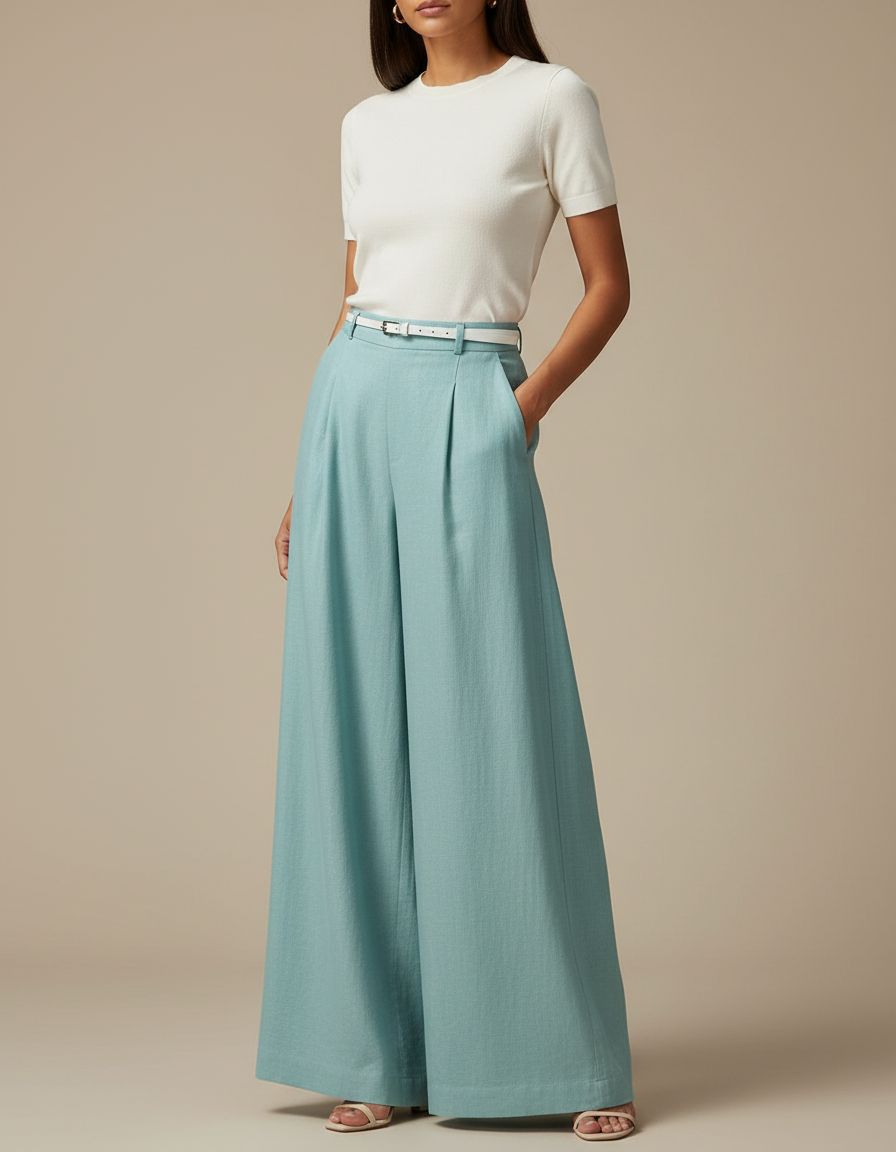 Pantalon Fluide Ample Bleu Ciel Taille Haute Lin