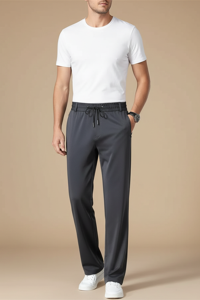 Pantalon Fluide Homme Droit Gris Élastique Décontracté - Polyester