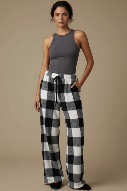Pantalon Fluide Carreaux Noir Blanc Polaire Confortable - Imprimé Molleton
