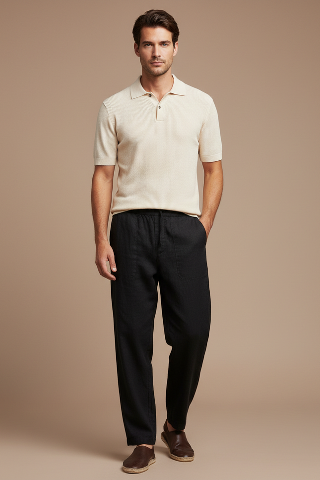 Pantalon Fluide Noir Lin Ample Décontracté Homme