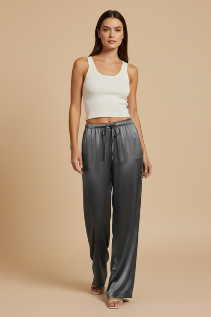 Pantalon Fluide Satiné Gris Ample Taille Haute