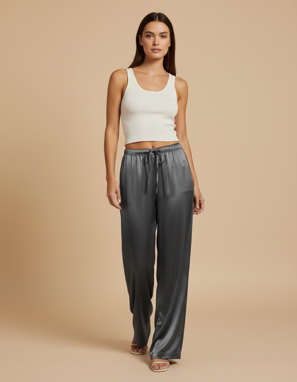 Pantalon Fluide Satiné Gris Ample Taille Haute