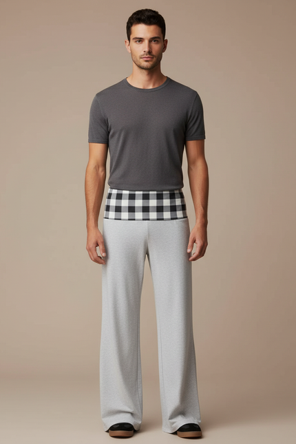 Pantalon Fluide Gris Ample Carreau Confortable Homme - Molleton