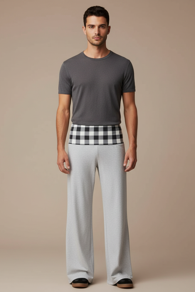 Pantalon Fluide Gris Ample Carreau Confortable Homme - Molleton