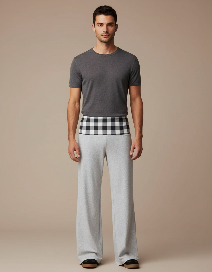Pantalon Fluide Gris Ample Carreau Confortable Homme - Molleton