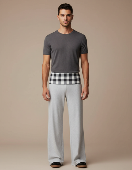 Pantalon Fluide Gris Ample Carreau Confortable Homme - Molleton
