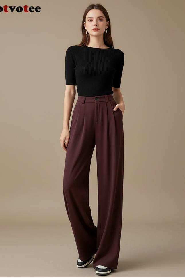 Pantalon Fluide Bordeaux Ample Plissé Élégant Femme - Polyester