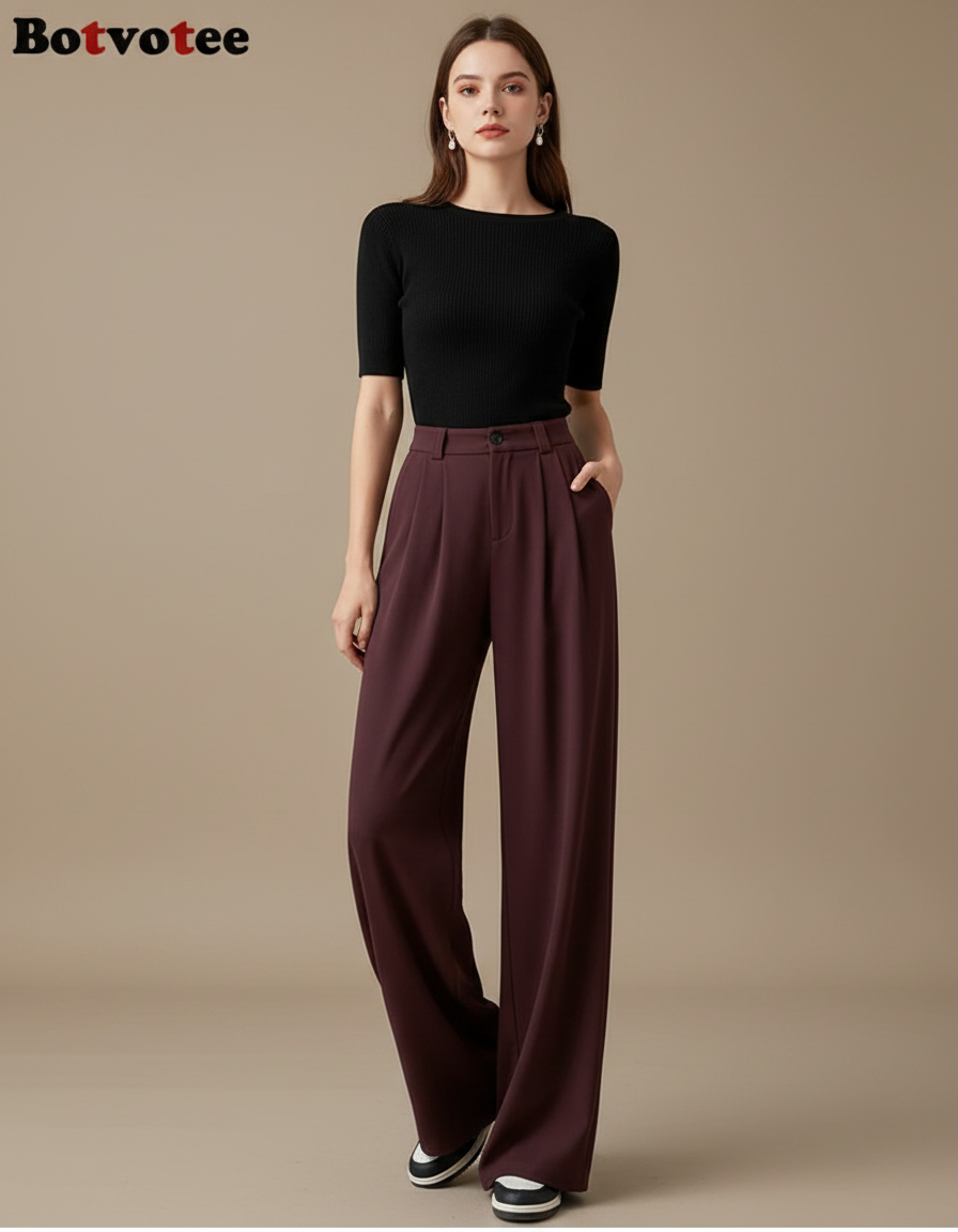 Pantalon Fluide Bordeaux Ample Plissé Élégant Femme - Polyester