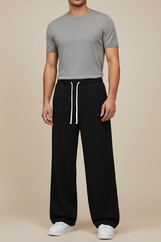 Pantalon Fluide Noir Ample Décontracté Confortable Cordon - Molleton