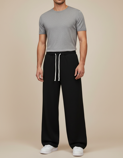 Pantalon Fluide Noir Ample Décontracté Confortable Cordon - Molleton