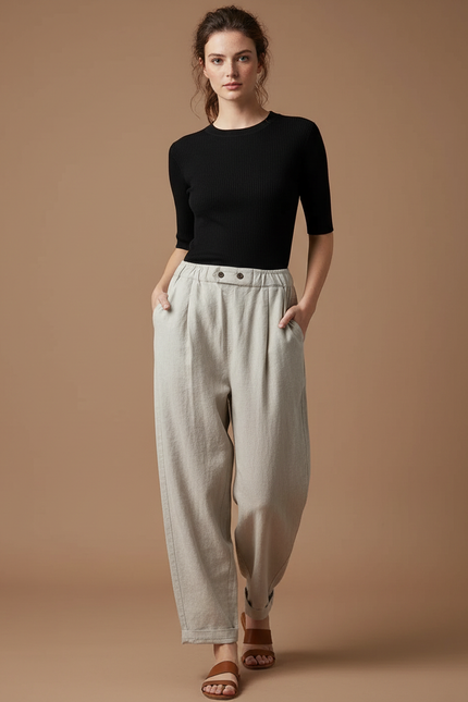 Pantalon Fluide Écru Ample Plissé Taille Haute Femme - Beige Lin