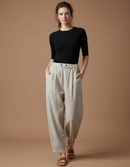 Pantalon Fluide Écru Ample Plissé Taille Haute Femme - Beige Lin