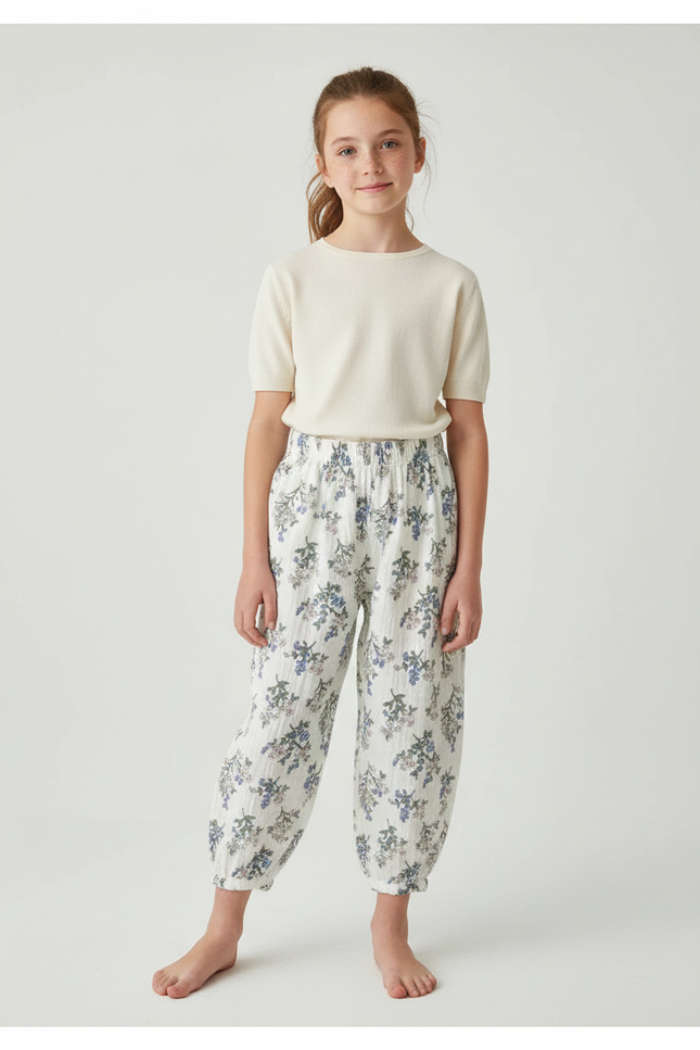 Pantalon Fluide Blanc Imprimé Floral Ample Coton