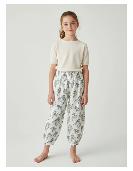 Pantalon Fluide Blanc Imprimé Floral Ample Coton