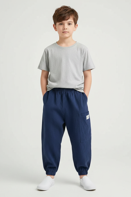 Pantalon Fluide Bleu Marine Coton Lin Harem Enfant