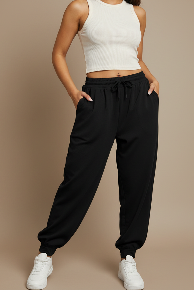 Pantalon Fluide Noir Ample Cordon Décontracté Sport - Polyester