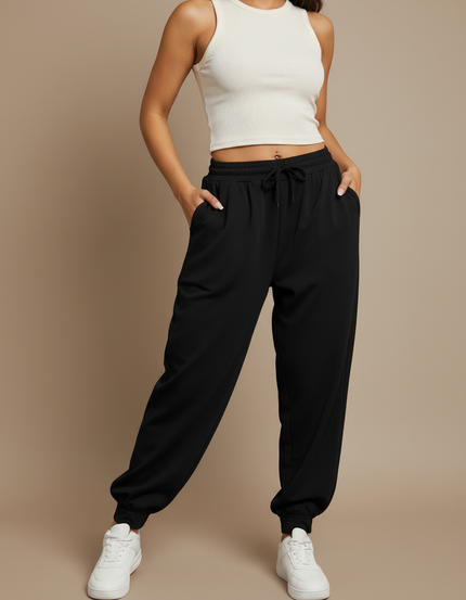 Pantalon Fluide Noir Ample Cordon Décontracté Sport - Polyester