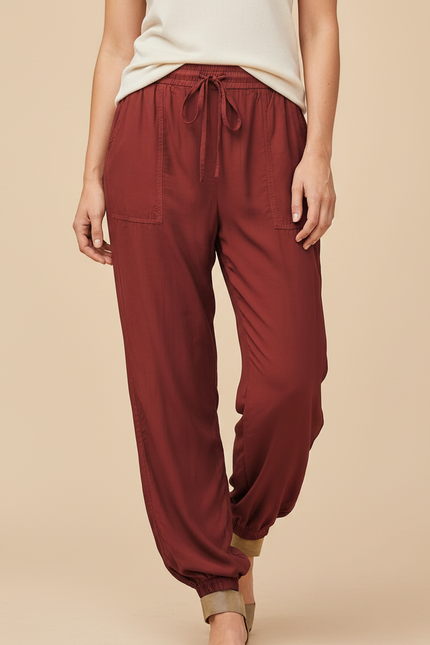 Pantalon Fluide Rouge Brique Cordon Décontracté Femme - Bordeaux Viscose